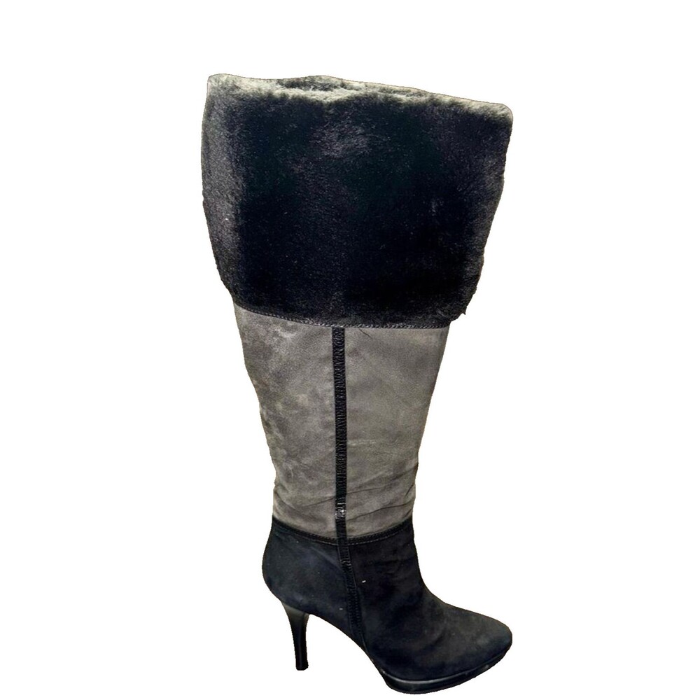 B Makowsky Knee High Platform Boots Women’s 7 Gray Black Leather Side Zip EUC